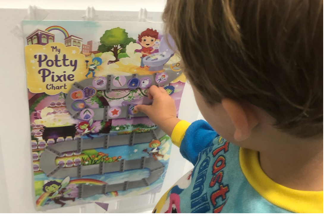Toddler adding sticker to potty pixie rewards training chart.
