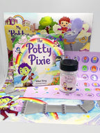 Potty training kit with 'The Potty Pixie' book and related items on a white background
